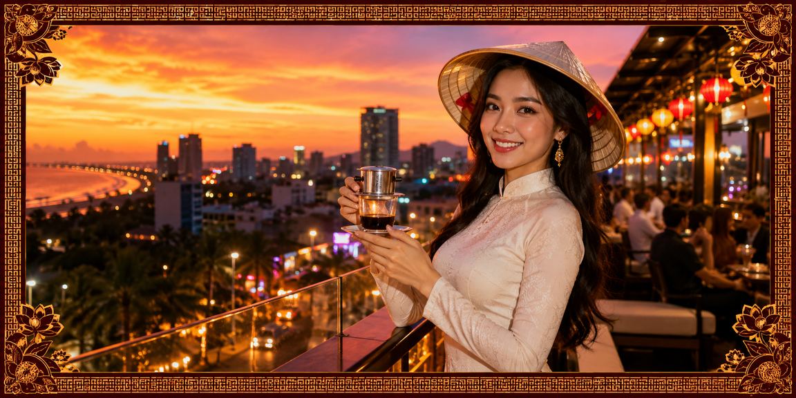 Không gian cà phê Mũi Né với điện thoại hiển thị nội dung giải trí trực tuyến